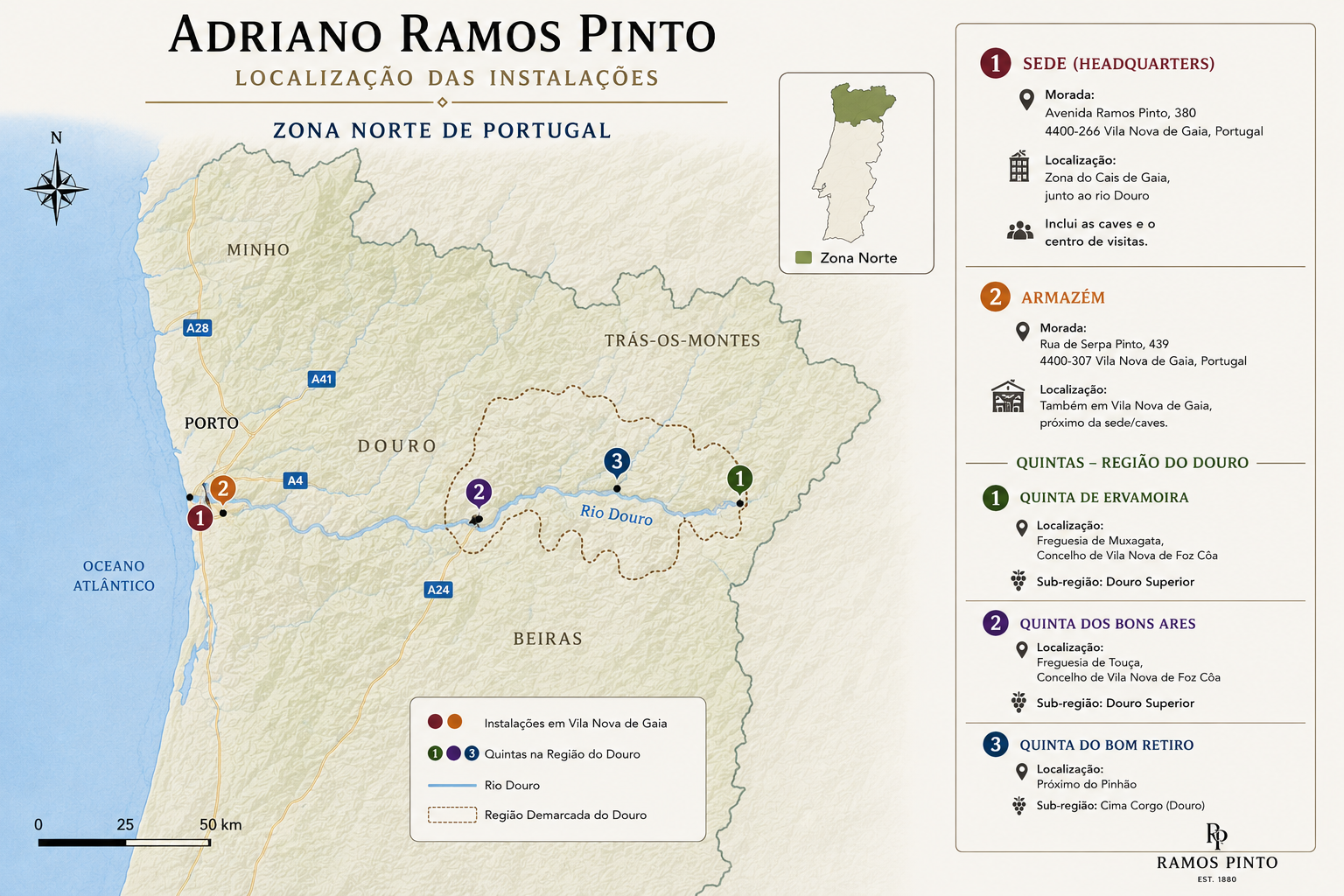 Mapa das instala&ccedil;&otilde;es da Adriano Ramos Pinto e localiza&ccedil;&otilde;es associadas